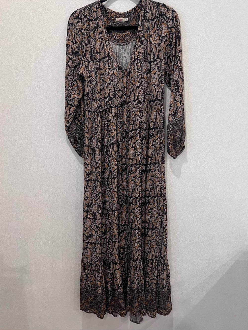 Faherty Toluca Floral Tiered Maxi Long Sleeve Boho Dress Blue Bordeax Button - S